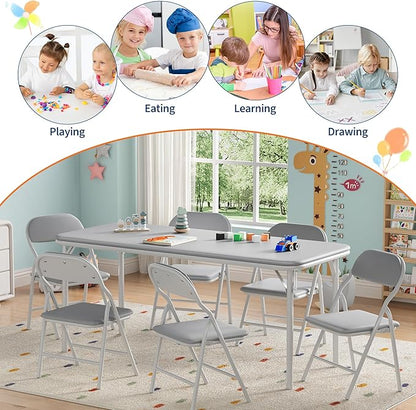IDEALHOUSE 7 Piece Folding Kids Table and Chairs Set, Children Activity Table and Chairs Set for Dining Room,Daycare,Classrooms