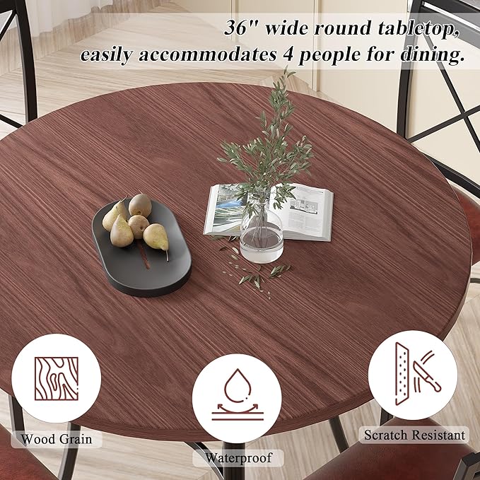 VECELO 36" Round Dining Table for 4, Wood Grain Dinette with Metal Frame for Kitchen, Apartment, Home, Space-Saving, Brown