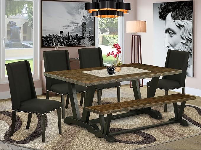 East West Furniture V677FL624-6 6 Piece Dining Room Set Contains a Rectangle Dining Table with V-Legs and 4 Black Linen Fabric Parson Chairs with a Bench, 40x72 Inch, Multi-Color