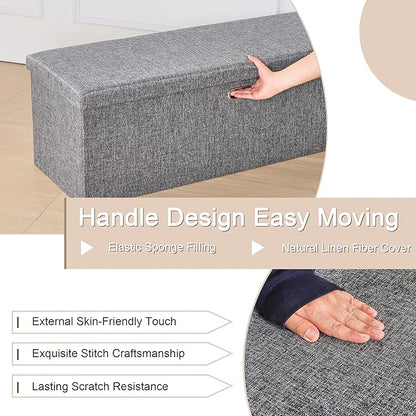 VECELO 43'' Folding Storage Ottoman Bench, End of Bed Linen Fabric Foot Rest Stool with Padded Seat, Large Footstools for Bedroom, Living Room, Load 660 lb, Grey
