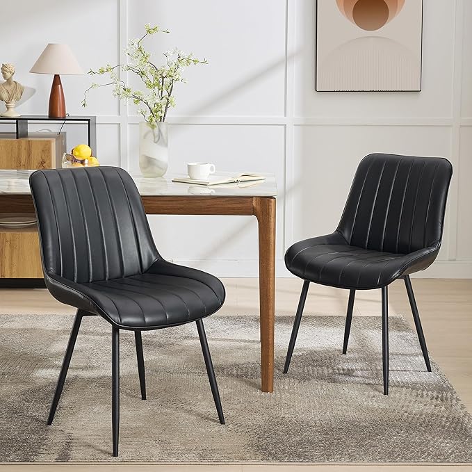 Dining Chairs Set of 2, Upholstered PU Leather Kitchen & Dining Chairs with Whale Backrest,Chair with Padded Seat and Metal Legs for Restaurant/Cafe