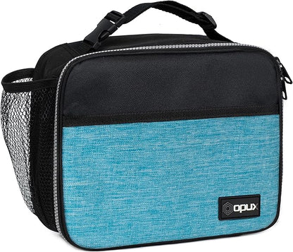 opux Insulated Lunch Bag Kids, Lunch Box for School Boy Girl, Leakproof Small Reusable Compact Soft Mini Cooler Bag, Toddler Small Lunch Boxes Kit Pail with Front Side Pockets (Turquoise)