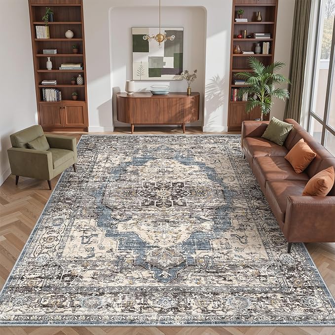 9x12 Area Rugs for Living Room,Ultra-Thin Washable Rug, Non-Slip Lightweight Foldable Area Rug, Stain Resistant Vintage Large Rugs(Blue/Black,9'x12')