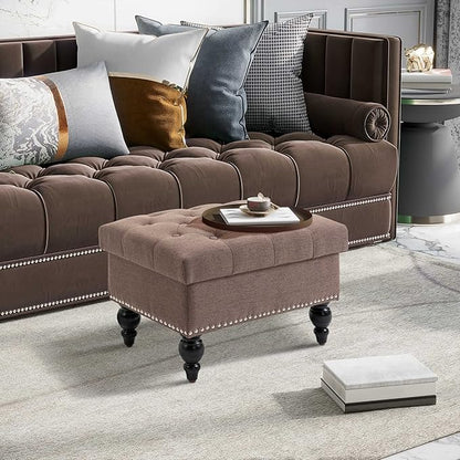 HOMCOM Ottoman with Storage for Living Room, 25" Storage Ottoman with Removable Lid, Button-Tufted Fabric Bench for Footrest and Seat with Wood Legs, Coffee