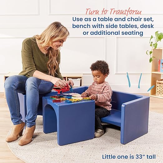 ECR4Kids Tri-Me Table and Cube Chair Set, Multipurpose Furniture, Navy, 3-Piece