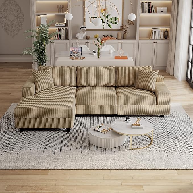 Eafurn Convertible L Shaped Modular Sectional Sofa Couch, 5 Seater Corduroy Upholstered Corner Sofa Lounge Couch with Extra Wide Reversible Chaise Lounge and Headrest for Living Room
