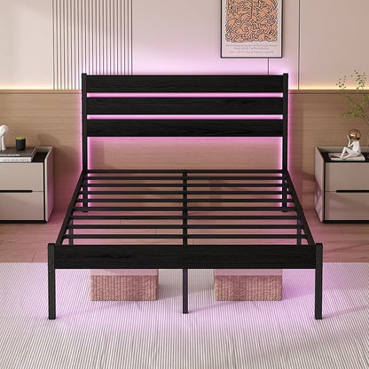 Full Size Bed Frame with Headboard,Heavy Duty LED Bed Frame with USB Charging Station,Mattress Foundation-Under Bed Storage, No Box Spring Needed, Noise Free，Black