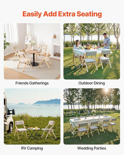 VEVOR Wooden Folding Chairs with Cushion, Set of 2, Portable Foldable Cushion Chair with Wooden Frame, Modern Padded Dining Chair for Kitchen, Office, Wedding, Party, Dining Room, Easy Assembly, Beige