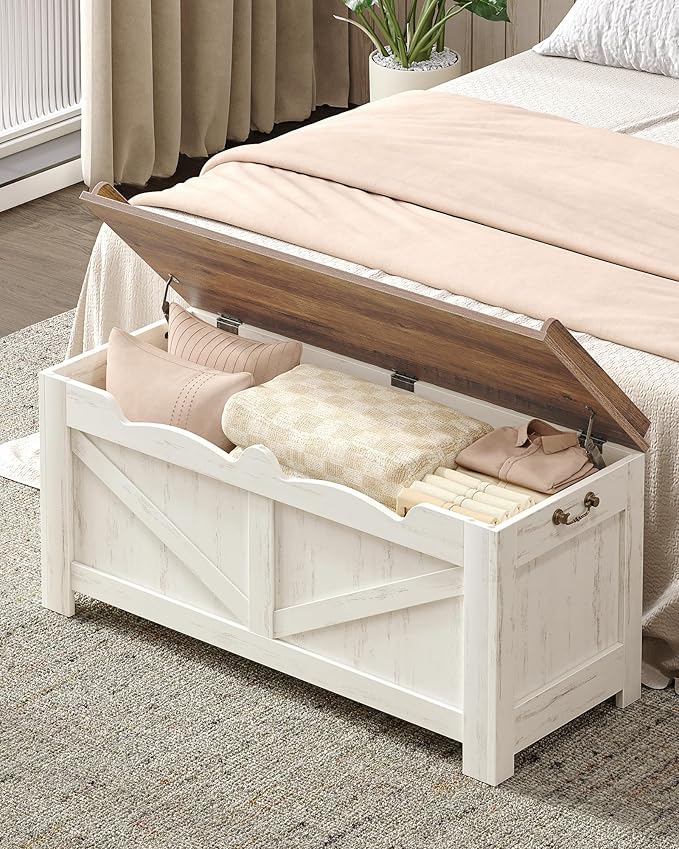 39.4" Storage Chest, Extra Large Storage Trunk with 2 Safety Hinges, Wooden Box Bench, Lift-Top Organizer Chest, Shoe Bench for Entryway, Bedroom, Living Room, White and Brown SB04514B