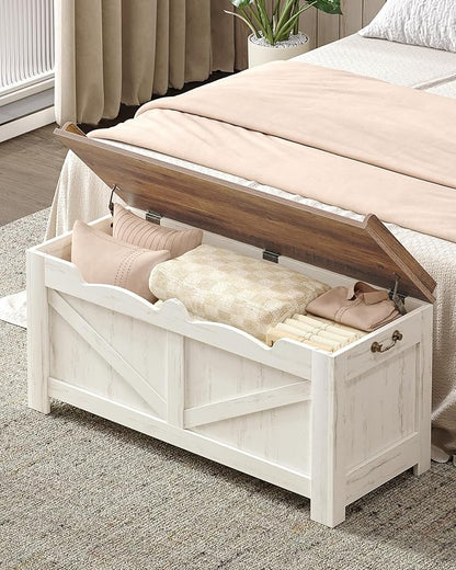 39.4" Storage Chest, Extra Large Storage Trunk with 2 Safety Hinges, Wooden Box Bench, Lift-Top Organizer Chest, Shoe Bench for Entryway, Bedroom, Living Room, White and Brown SB04514B
