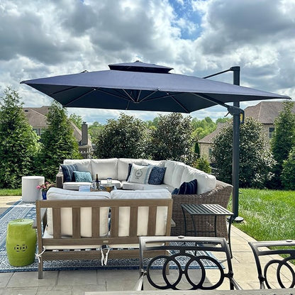 PURPLE LEAF 9' X 12' Cantilever Outdoor Umbrellas Large Patio Umbrella Hanging Double Top Rectangle Offset Umbrella with 360°Rotation Tilting Umbrella Outdoor Patio, Navy Blue