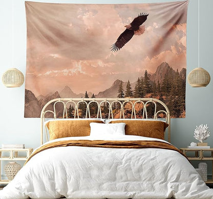 Ambesonne Eagle Tapestry King Size, Nature Photography of Rocky Mountains and Forest a Bird Flying over It, Wall Hanging Bedspread Bed Cover Wall Decor, 104" X 88", Rose Green