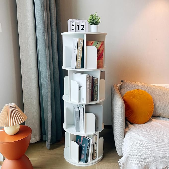 Heehee Rotating Bookshelf 360 Display Floor Standing Bookcase Storage Rack for Kids&Adults Multi-Functional Bookshelf Organizer (White (4-Tier))