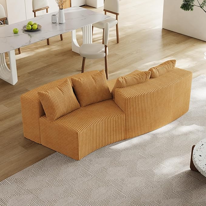 KEIKI Corduroy Curved Sectional Sofa, 2 Seater Symmetrical Modular Semi Circular Couch, Deep Seat Tufted Corner Sofa for Living Room, Lobby, Yellow