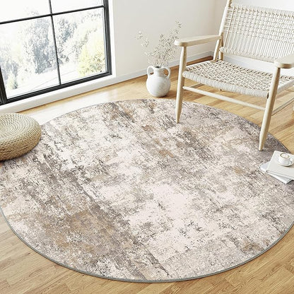 5x5 Washable Round Rug Brown Grey Neutral Abstract Living Room Bedroom Non Slip Low Pile Area Rug Office Entryway Indoor Doormat Soft Carpet for Entrance Bathroom Kitchen