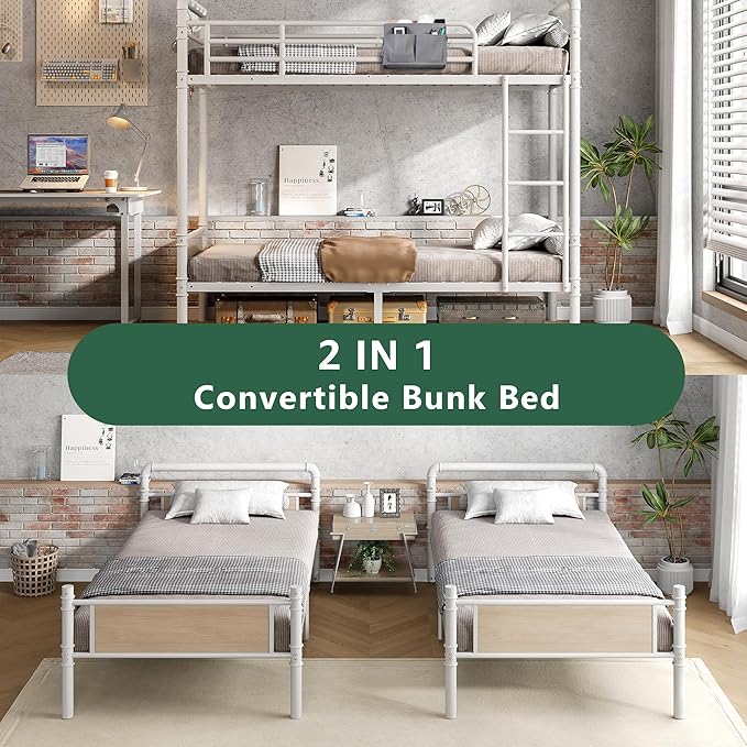 Metal Bunk Bed Twin Over Twin, Industrial Bunkbeds Heavy Duty Bed with Safety Guard Rails and Space-Saving Design, Steel Bed for School, Bedroom (White)