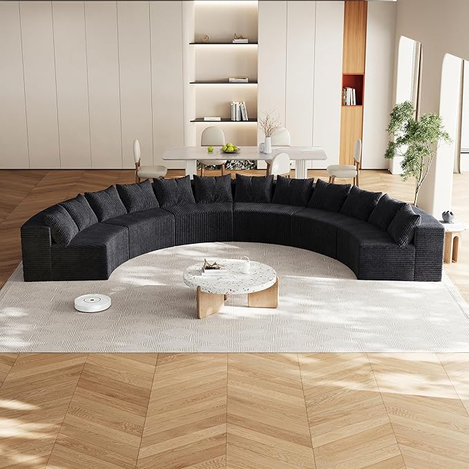 KEIKI Corduroy Curved Sectional Sofa, 6 Seater Symmetrical Modular Semi Circular Couch, Deep Seat Tufted Corner Sofa for Living Room, Lobby, Black