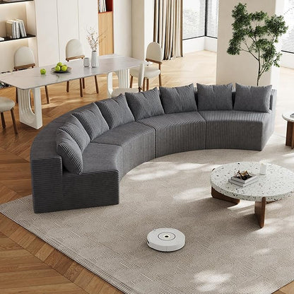 KEIKI Corduroy Curved Sectional Sofa, 4 Seater Symmetrical Modular Semi Circular Couch, Deep Seat Tufted Corner Sofa for Living Room, Lobby, Gray