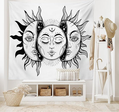 Ambesonne Moon Tapestry Queen Size, Monochrome Sun and Moon Pattern Oriental Image Culture Inspired Design Print, Wall Hanging Bedspread Bed Cover Wall Decor, 88" X 88", White Black