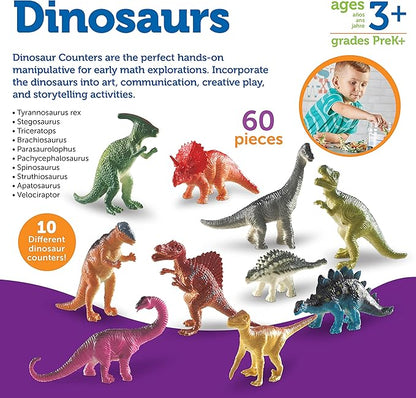 Learning Resources Dinosaur Counters - 60 Pieces, Ages 3+, Toddler Montessori Toys, Stacking Shape, Gifts For Boys And Girls, Sorting And Matching Skill Activities