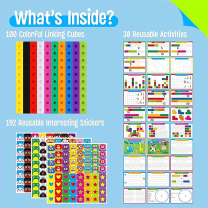 Math Linking Cubes, 100 Math Cube Manipulatives with 30 Learning Activities Plus 192 Reusable Stickers, Number Counting Blocks Snap Linking Math Counters, Fun & Educational Pre-K Counting Blocks