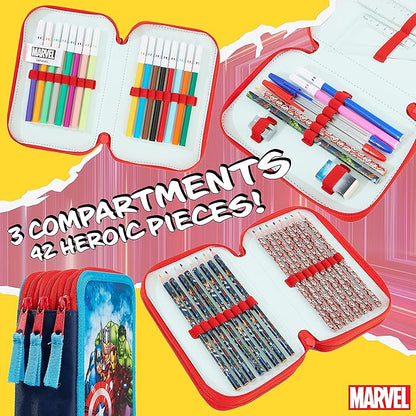 Marvel Boy's Pencil Case, Pencil Case with Compartments Filled School Supplies, Felt, Coloured Pencil, Spiderman Avengers Back to School Gift