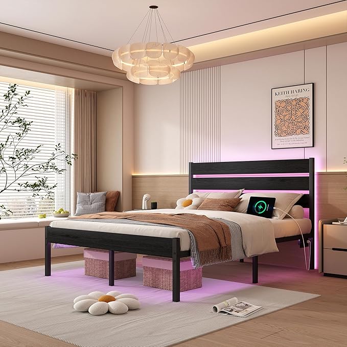 Full Size Bed Frame with Headboard,Heavy Duty LED Bed Frame with USB Charging Station,Mattress Foundation-Under Bed Storage, No Box Spring Needed, Noise Free，Black