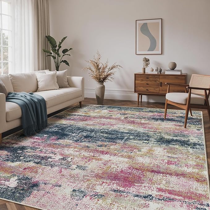 Area Rugs 5x7 for Living Room Bedroom, Modern Abstract Machine Washable Rug, Large Soft Low Pile Floor Carpet with Non Slip Backing for Dining Room, Navy/Pink