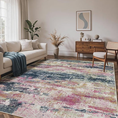 Area Rugs 5x7 for Living Room Bedroom, Modern Abstract Machine Washable Rug, Large Soft Low Pile Floor Carpet with Non Slip Backing for Dining Room, Navy/Pink