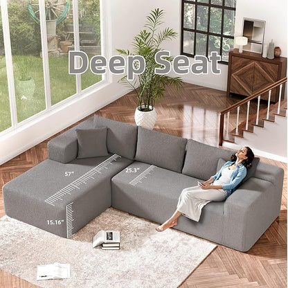 Cloud Sectional Couch, 104”L-Shape Oversized Sofa with Right Chaise Lounge, Modular Sleeper Couch with Pillows & Deep Seat, Rain Drop Velvet Fabric Compressed Sofa for Living Room, Light Gray