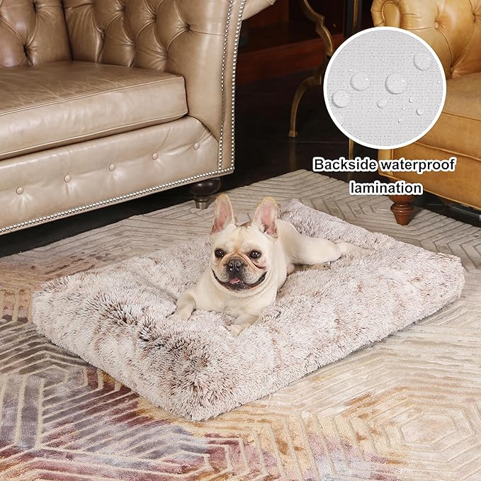 Bedfolks Waterproof Dog Crate Bed,Plush Dog Bed with Removable Washable Cover,Faux Fur Dog Crate Pad for Medium Dogs,Fluffy Dog Kennel Bed 29"x21",Brown