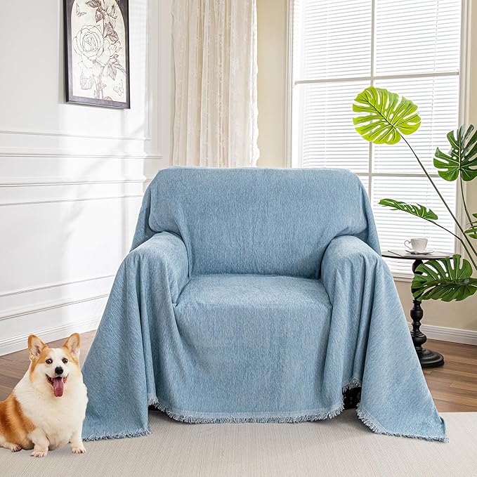 MYSKY HOME Oversized Armchair Couch Cover for 1 Cushion Couch, Washable Sofa Protector, Chair Couch Covers with Tassel Sofa Covers Sofa Throws Sofa Slipcovers Futon Cover for Pet, Kid, 71"X91", Blue