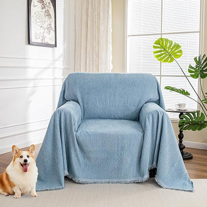 MYSKY HOME Oversized Armchair Couch Cover for 1 Cushion Couch, Washable Sofa Protector, Chair Couch Covers with Tassel Sofa Covers Sofa Throws Sofa Slipcovers Futon Cover for Pet, Kid, 71"X91", Blue