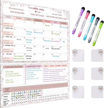 Magnetic Whiteboard for Fridge - Large Dry Erase Calendar for Wall | 3 Magnetic Dry Erase Board 10.5" x 16.5" & 7" x 16.5", Monthly Goal Setting & Habit Tracker, 5 Markers and 6 Adhesive Hooks