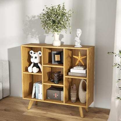 Manora Bookshelf with 7 Open Storage Cubes, Wooden Bookcase Organizer, Rustic Modern Display Shelf for Living Room, Bedroom, Office
