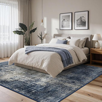 Area Rugs 9x12 for Living Room Bedroom, Modern Abstract Machine Washable Rug, Large Soft Low Pile Floor Carpet with Non Slip Backing for Dining Room, Blue&Gray