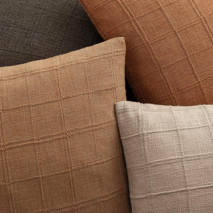 Foindtower Set of 2 Decorative Linen Check Throw Pillow Covers Neutral Farmhouse Vintage Cushion Covers Modern Boho Home Decor for Sofa Chair Couch Bedroom Living Room Outdoor,18×18 Inch,Brick