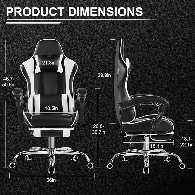 VECELO Ergonomic Gaming Chair with Footrest, Comfy Recliner Computer Chair, Swivel Seat, Height Adjustable, High Back PU Leather, Lumbar Support, Headrest for Adults, Black