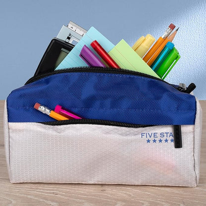 Five Star Pencil Pouch 9-Pocket Zipper Storage Organizer Case for Office Supplies Earbuds Chargers Cables Makeup, Tan/Blue (505600C)