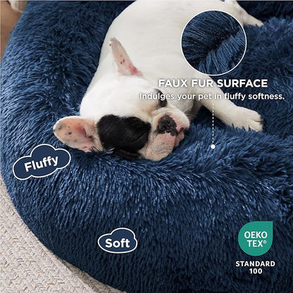 Bedsure Calming Dog Bed for Small Dogs - Donut Washable Small Pet Bed, 23 inches Anti-Slip Round Fluffy Plush Faux Fur Large Cat Bed, Fits up to 25 lbs Pets, Navy