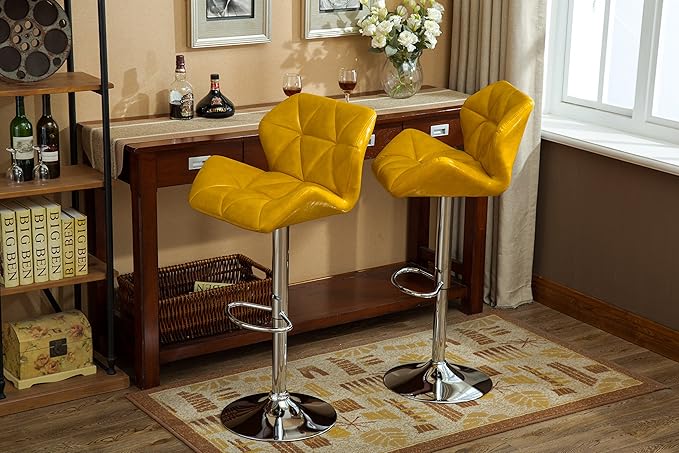 Roundhill Furniture Glasgow Contemporary Tufted Adjustable Height Hydraulic Yellow Bar Stools, Set of 2,