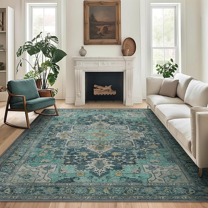GENIMO 3x5 Area Rugs for Living Room, Machine Washable Non Slip Vintage Rugs, Low Pile Lightweight Chenille Print Rug for Bedroom, Dining Room, Home Office, Dark Green