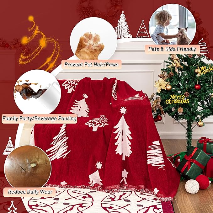 MYSKY HOME 71"X118" Loveseat Christmas Couch Cover, Sectional Sofa Covers Sofa Slipcover for 2 Cushion Couch, L Shape Couch Covers for Dogs, Kids, Washable Sofa Blanket, Furniture Protector, Red