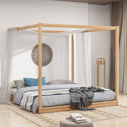 King Size Canopy Platform Bed with Support Legs,Solid Wood Bed Frame,4-Post Canopy-Platform-Bed for Kids Teens Adults, No Box Spring Needed,Natural