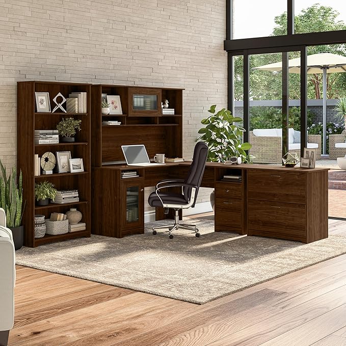 Bush Furniture Cabot L Shaped Computer Desk in Modern Walnut | Corner Table with Drawers for Home Office