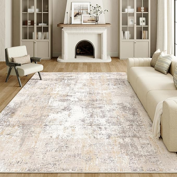 12x15 Washable Area Rug Beige Grey Neutral Abstract Living Room Bedroom Large Throw Rug Non Slip Soft Low Pile Indoor Floor Carpet for Dining Room Kitchen Office Entryway