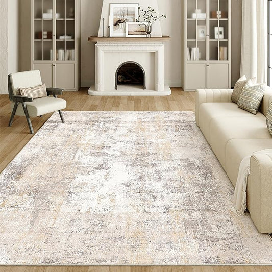 10x14 Washable Area Rug Beige Grey Neutral Abstract Living Room Bedroom Large Throw Rug Non Slip Soft Low Pile Indoor Floor Carpet for Dining Room Kitchen Office Entryway