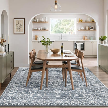 5x7 Area Rugs for Living Room, Washable Vintage Floral Non-Slip Low Pile Natural Rug Soft Throw Carpet for Dining Room Bedroom Home Office Nursery (Blue, 5'x7')