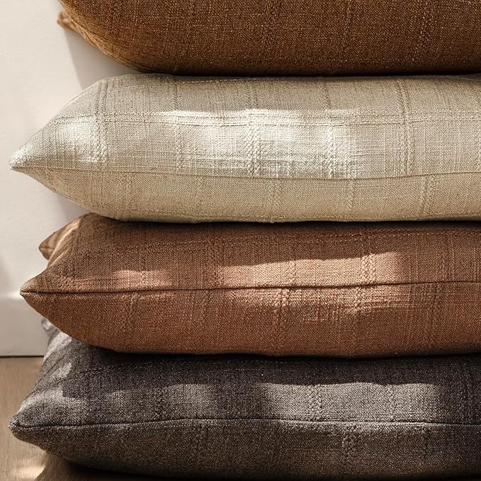 Foindtower Set of 2 Decorative Linen Check Throw Pillow Covers Neutral Farmhouse Vintage Cushion Covers Modern Boho Home Decor for Sofa Chair Couch Bedroom Living Room Outdoor,18×18 Inch,Autumnal Red