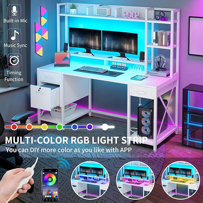 DWVO Computer Desk with Drawers & Hutch, 59.1" Office Desk with Power Outlets & LED Lights, Home Office Desk with Storage Shelves, White